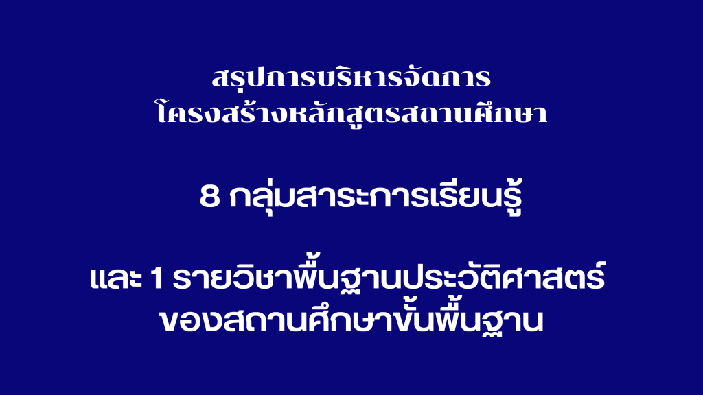 การบริหารจัดการโครงสร้างหลักสูตรสถานศึกษา 8 กลุ่มสาระการเรียนรู้ และ 1 รายวิชาพื้นฐานประวัติศาสตร์ ของสถานศึกษาขั้นพื้นฐาน